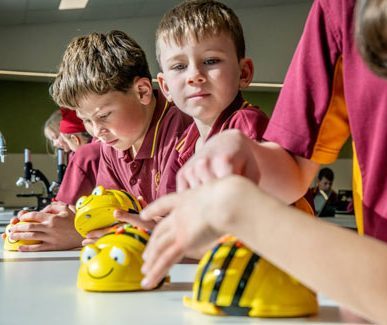 Children in maroon uniforms interact with yellow bee-shaped robots on a classroom table, with microscopes visible in the background.